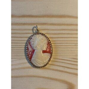 Vintage Cameo Pendant Red & Cream Oval Filigree Back Metal Frame Jewelry